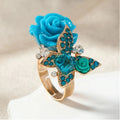 Bright Blue Butterfly Flower Gold-Tone Ring