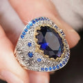 Blue Crystalline Round Silver-Tone Ring