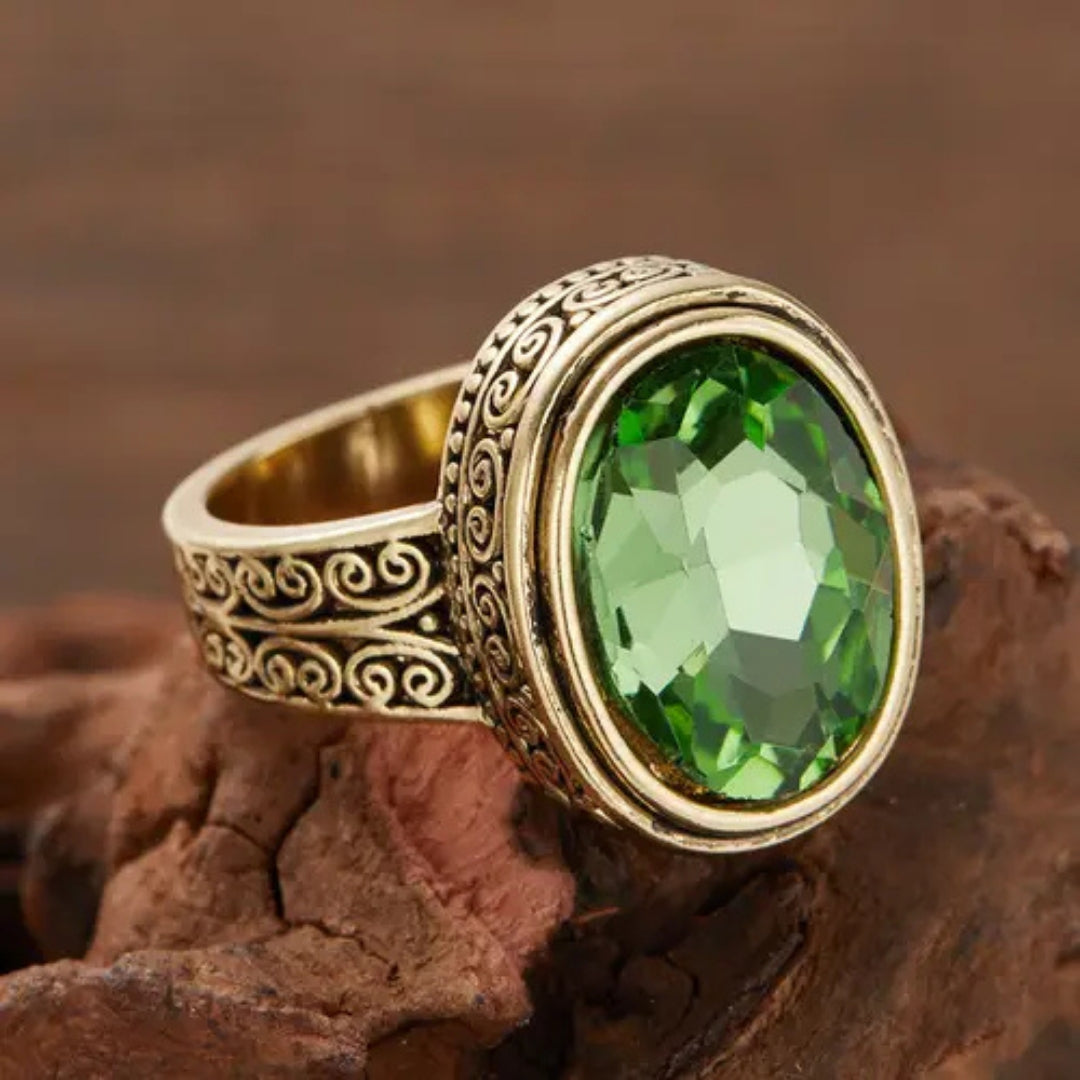 Green Round Olive Stone Gold-Tone Ring