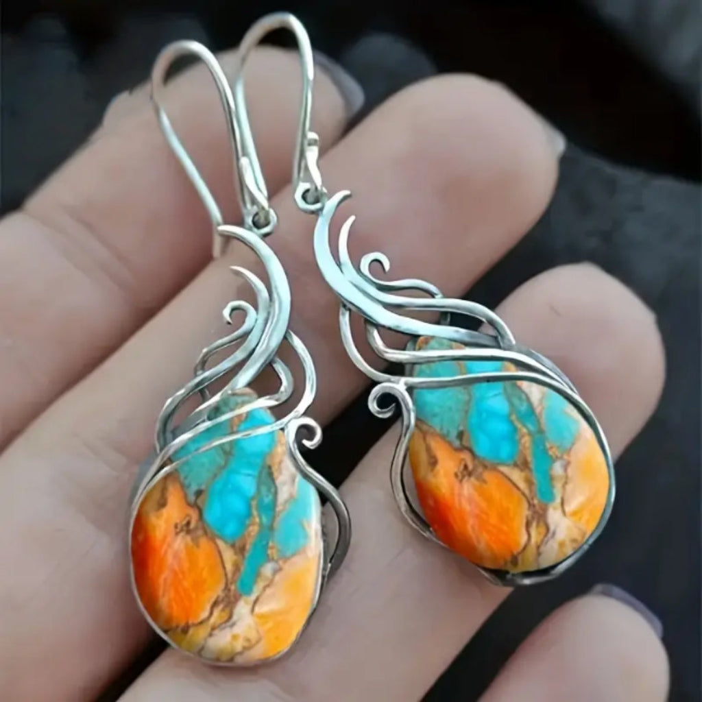 Turquoise-Look and Orange Stone Swirl Drop Earrings