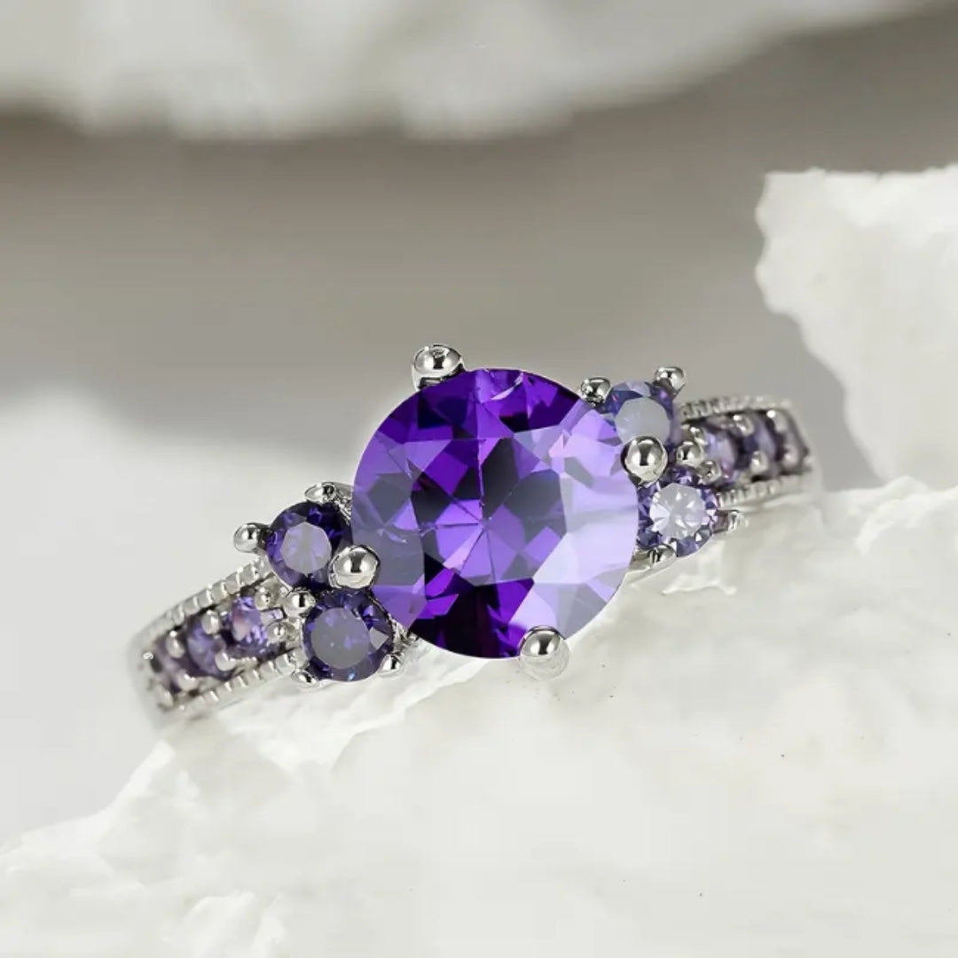 Violet Round Zirconia Silver-Tone Ring