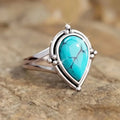 Blue Inlaid Oval Drop Stone Silver-Tone Ring