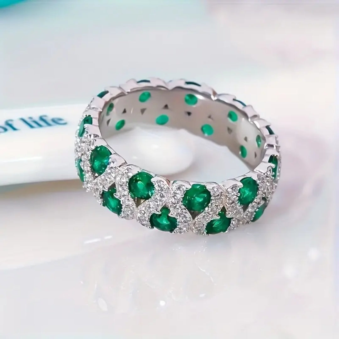 Zilverkleurige kroonring met smaragdlook