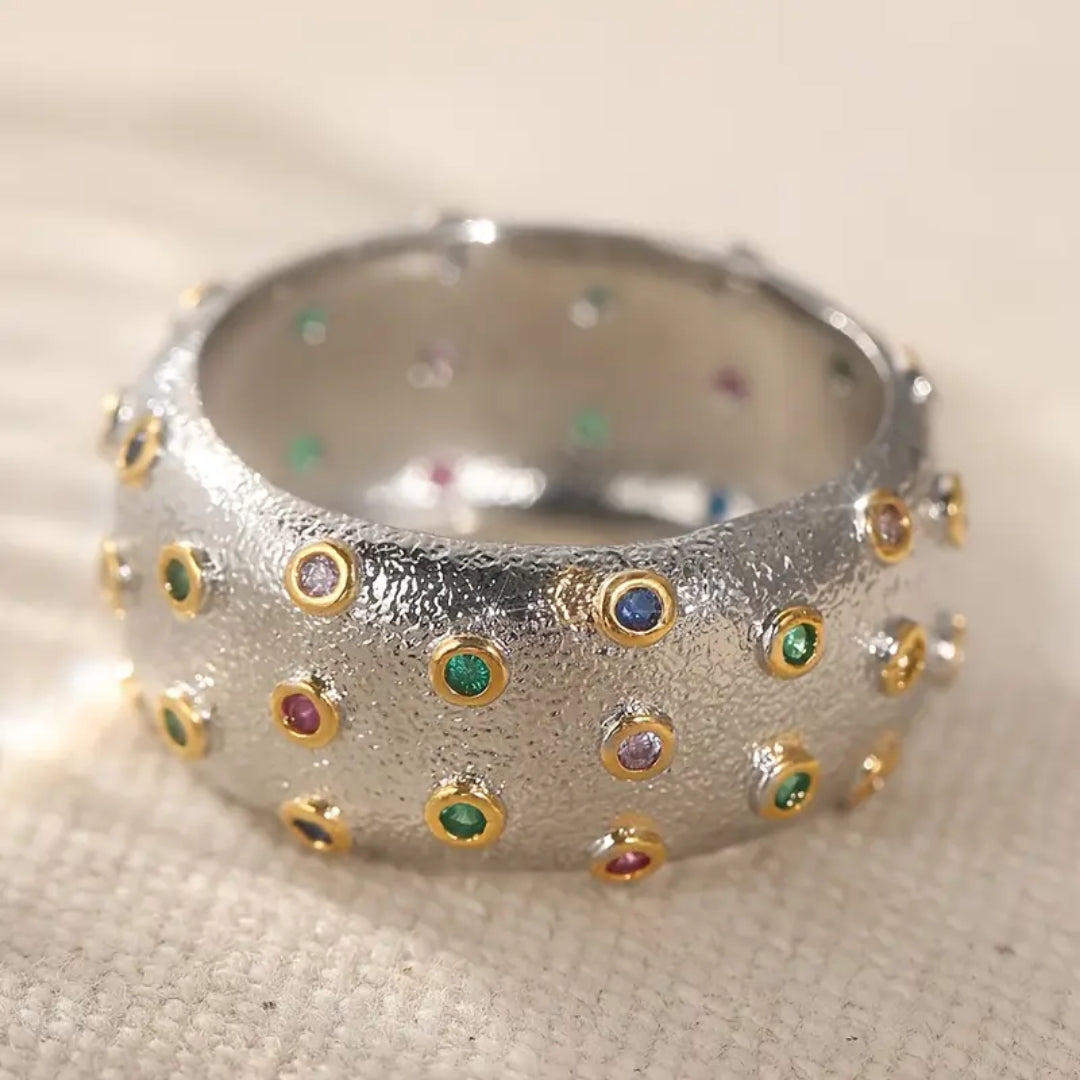 Multicolour Inlaid Zirconia Silver-Tone Ring