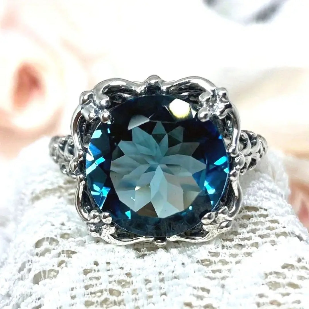 Blue Crystal Lotus Silver-Tone Ring