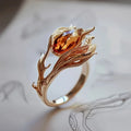 Goudkleurige ring met oranje kristal en exotisch ontwerp