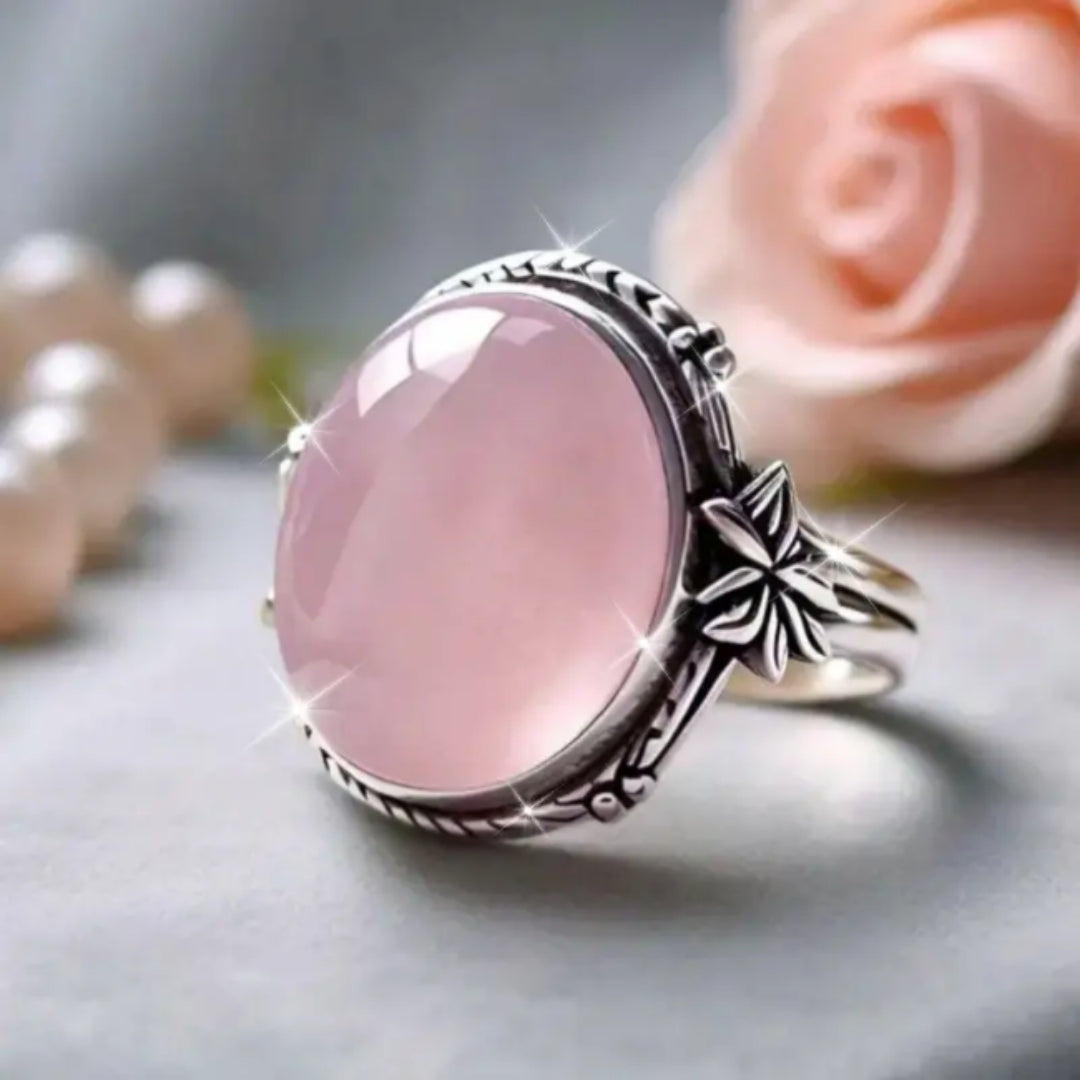 Oval Pink Stone Silver-Tone Ring with Ornate Setting