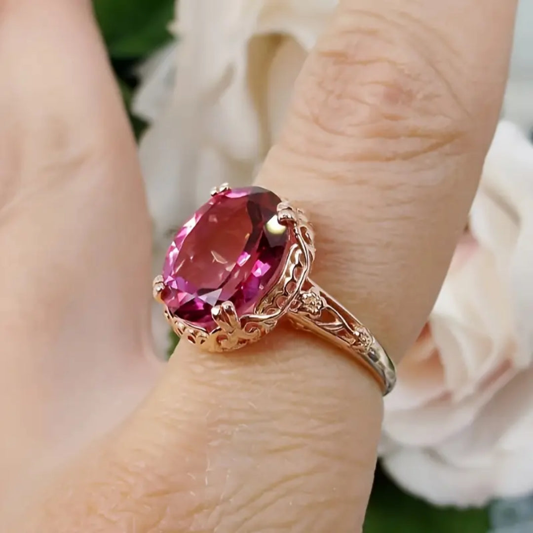 Vintage-Style Garnet Round Glass Gold-Tone Ring