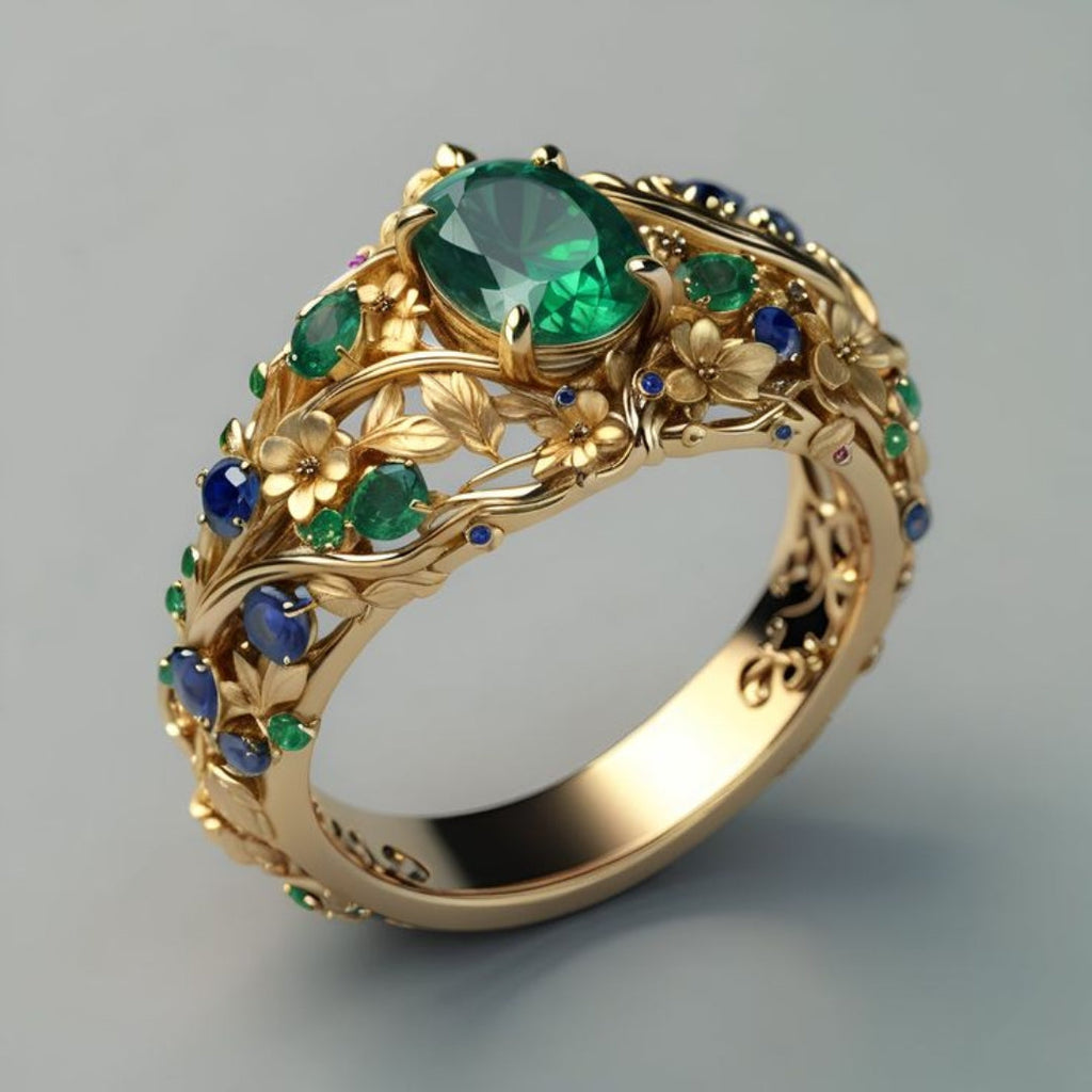 Green and Blue Crystal Gold-Tone Ring