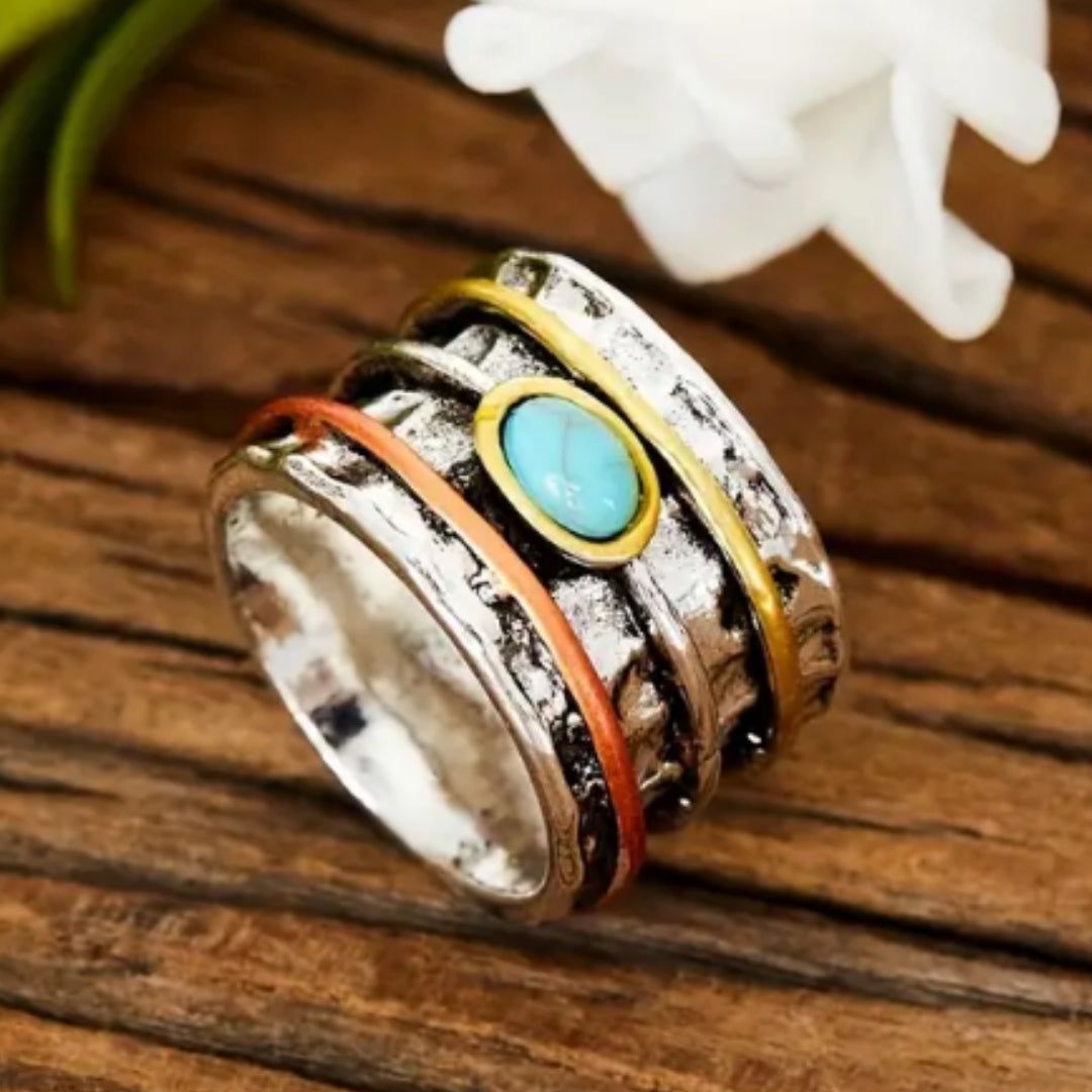 Multi-Tone Spinner Ring with Oval Opal-Look Stone