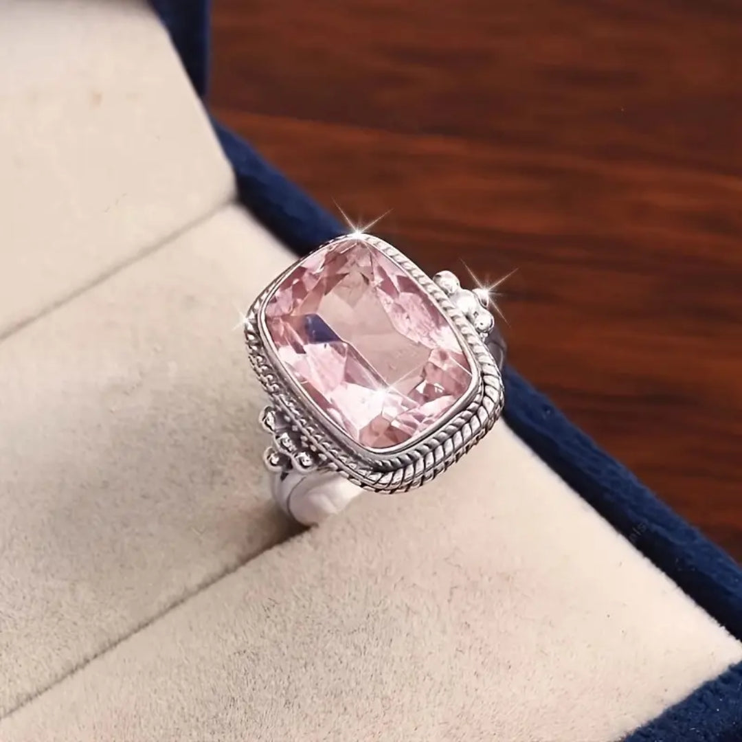 Cushion-Cut Pink Glass Ring with Fine Silver-Tone Band