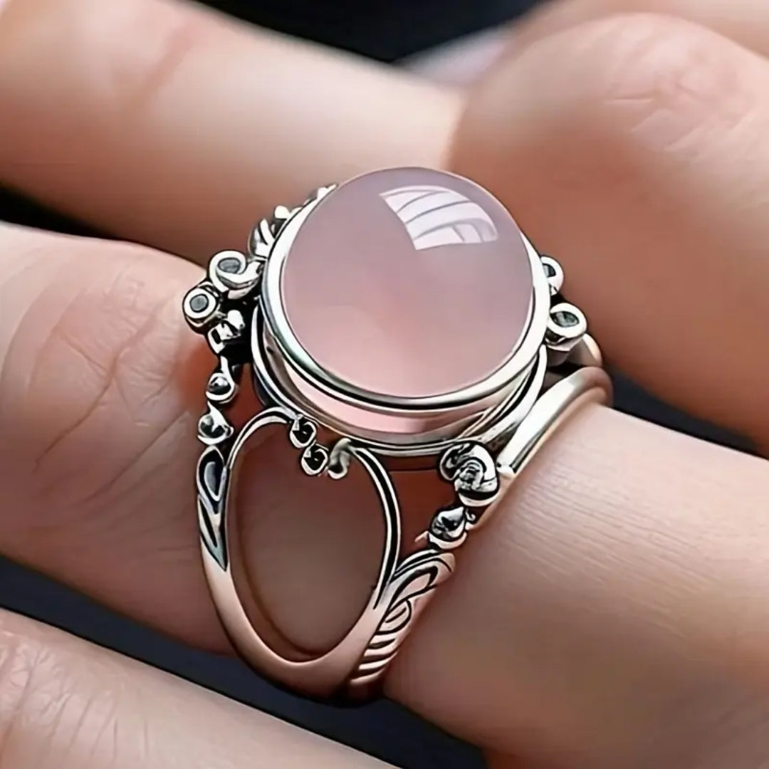 Round Pink Stone Ring with Openwork Silver-Tone Band