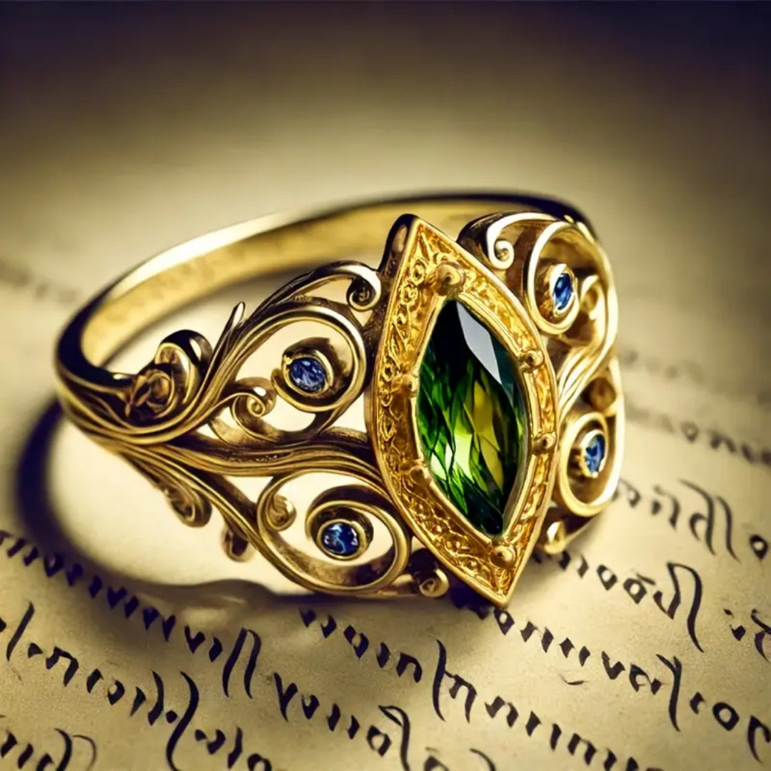 Goudkleurige ovale ring in groen en blauw