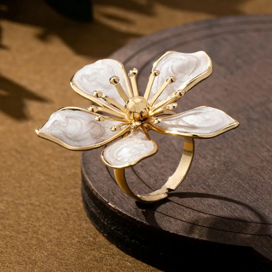 White Enamel Gold-Tone Blossom Ring