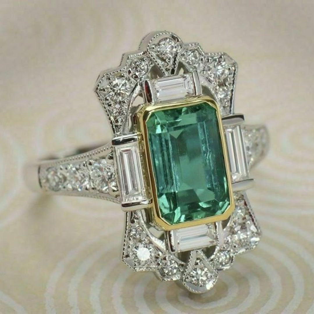 Green and White Glass Silver-Tone Ring