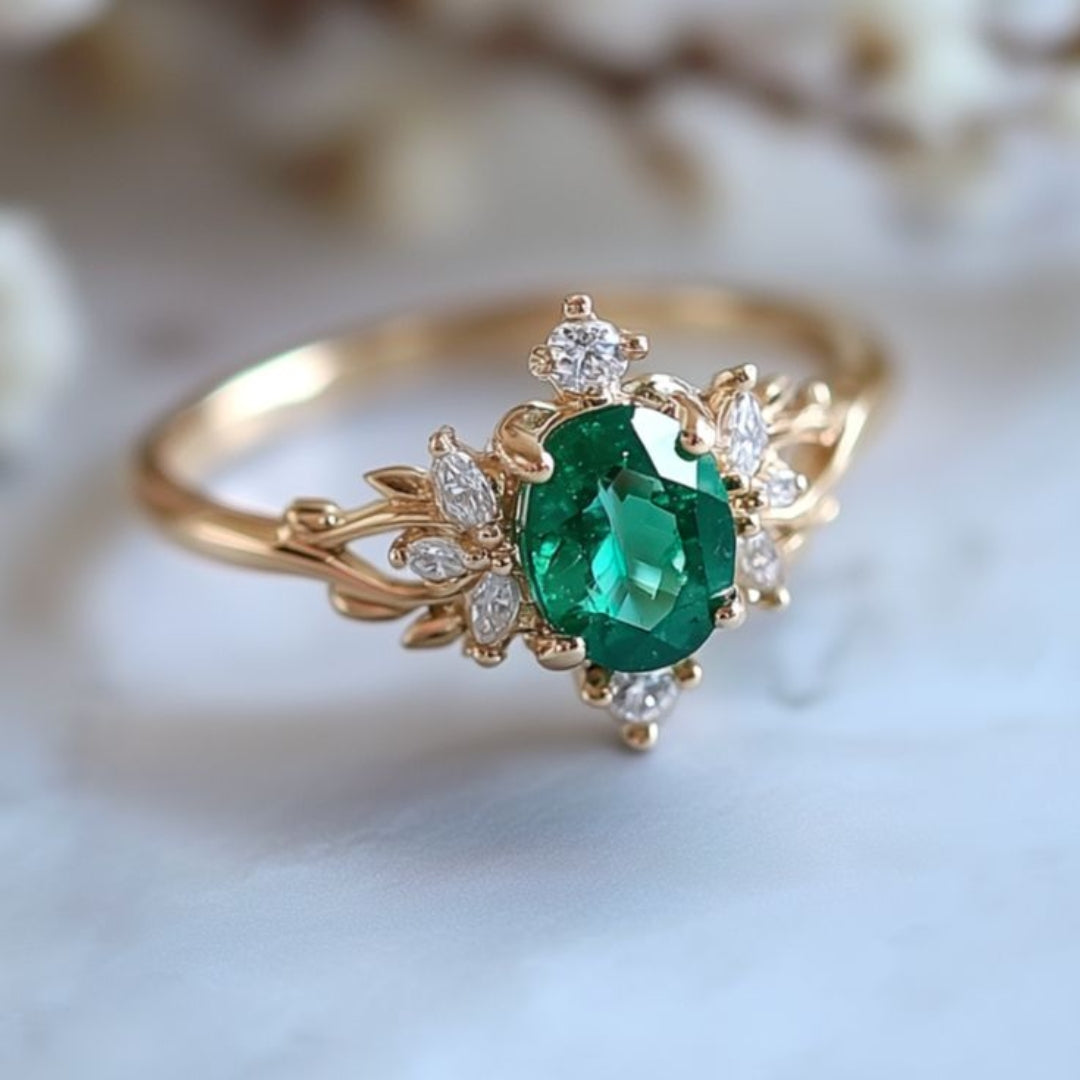 Goudkleurige ring met groen glas en exotisch ontwerp