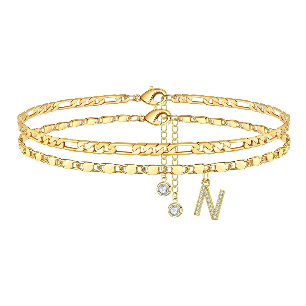 Two-Piece Initial Anklet Set with Diamond-Look Letter Charm
