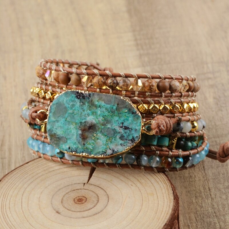 Blue Chrysocolla and African Turquoise Wrap Bracelet
