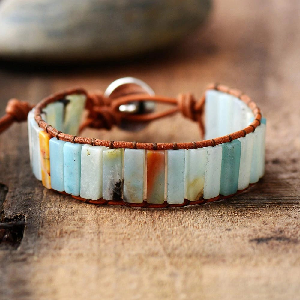 Amazonite and Leather Tree of Life Wrap Bracelet