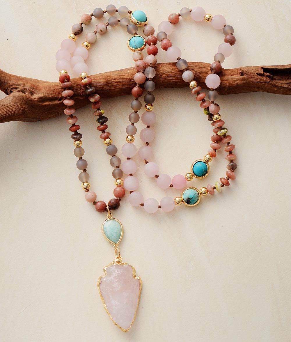 Beaded Stone Necklace in Rose Quartz, Amazonite and Jasper
