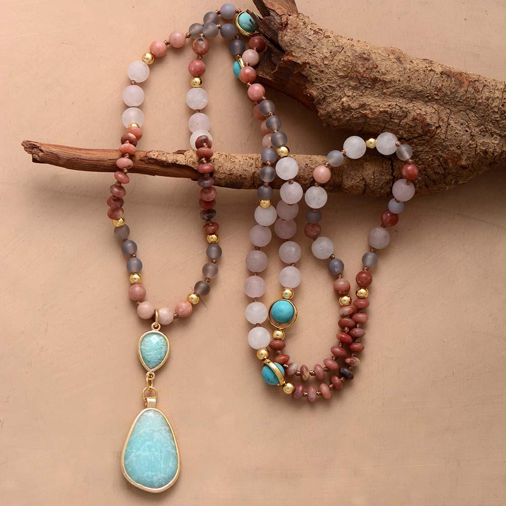 Pastel Mala Bead Necklace in Amazonite and Rose Quartz