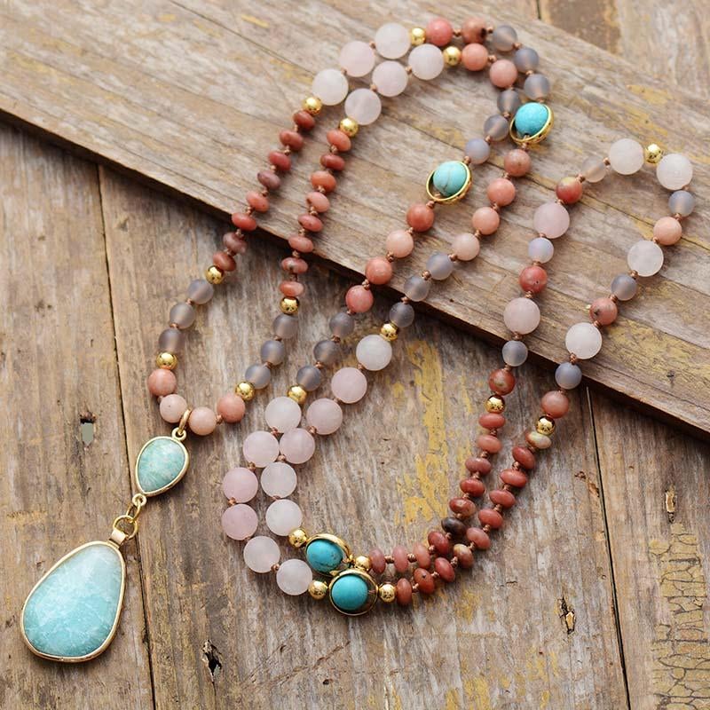 Pastel Mala Bead Necklace in Amazonite and Rose Quartz