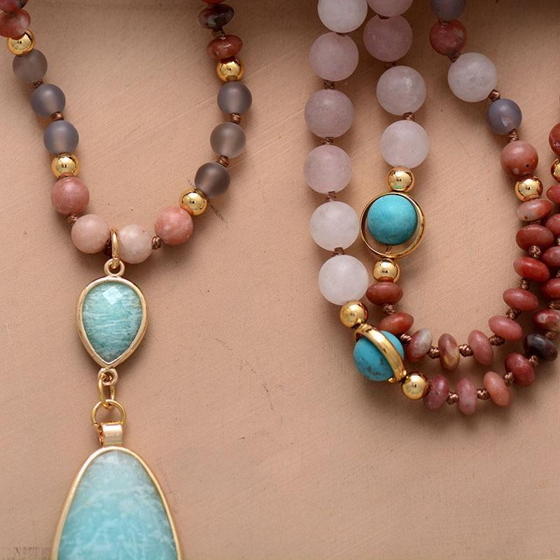 Pastel Mala Bead Necklace in Amazonite and Rose Quartz