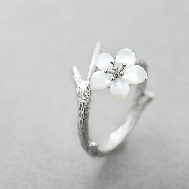 Adjustable White Flower Ring on Branch-Style Band