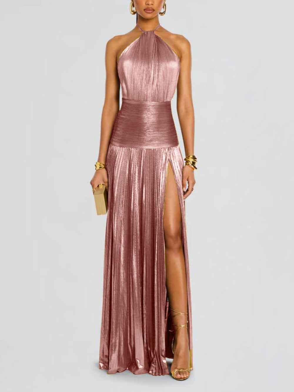 Metallic geplisseerde maxi-jurk met halterhals en hoge split