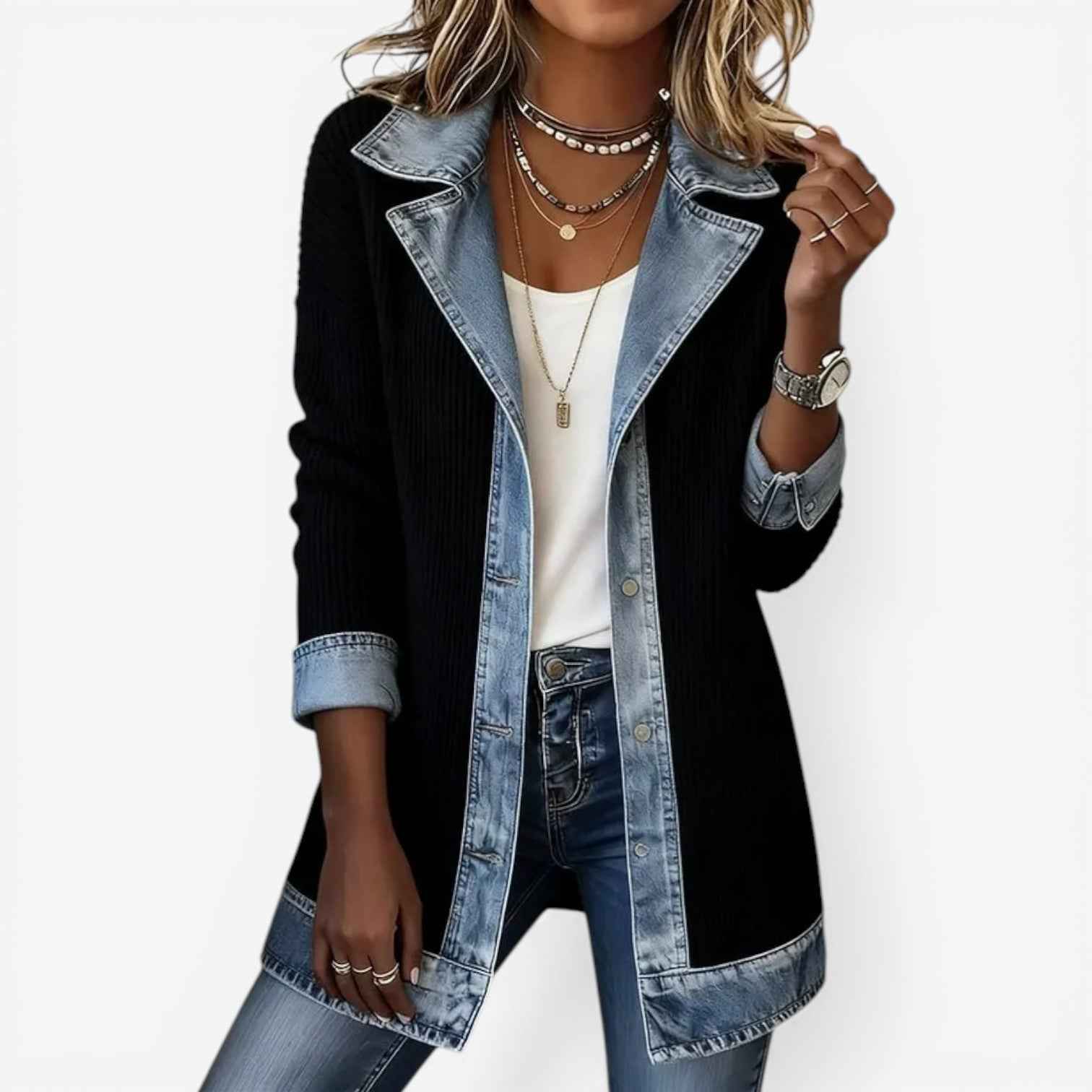 Denim Mix Blazer with Structured Shoulder and Clean Lines