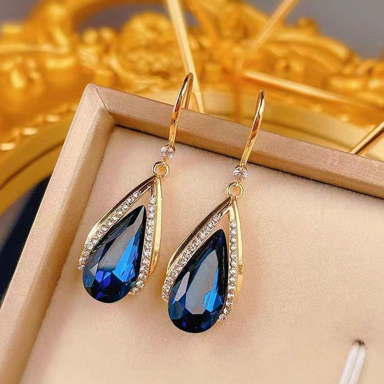 Blue Teardrop Stone Drop Earrings in Gold Tone