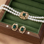 Pearl Strand Necklace and Green Stone Earrings Set
