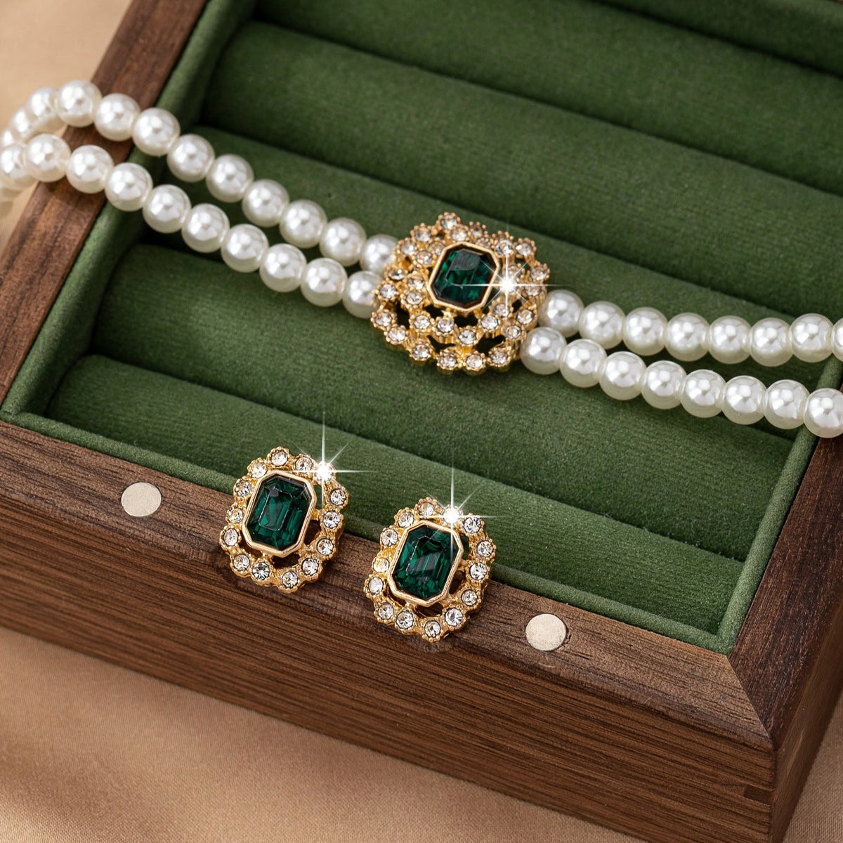 Pearl Strand Necklace and Green Stone Earrings Set