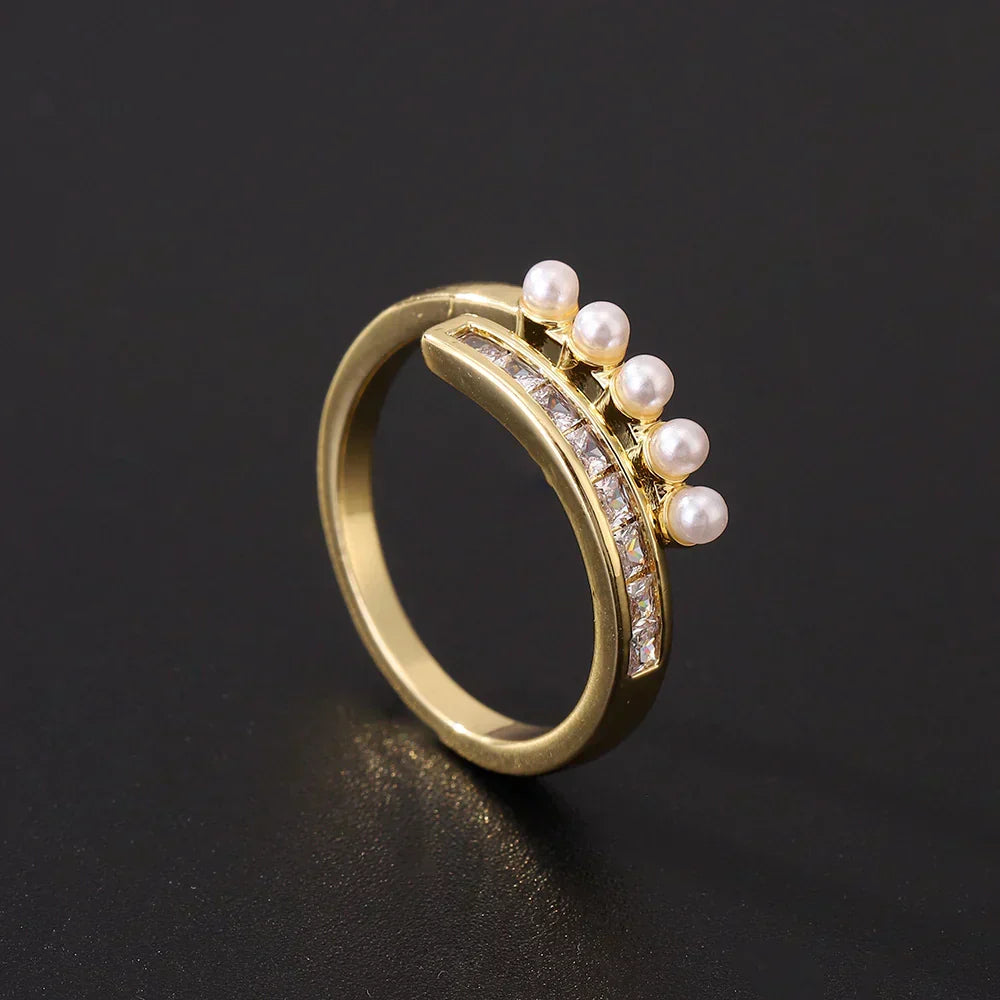 Anel Aberto com Zircónia e Pérola Estilo Vintage