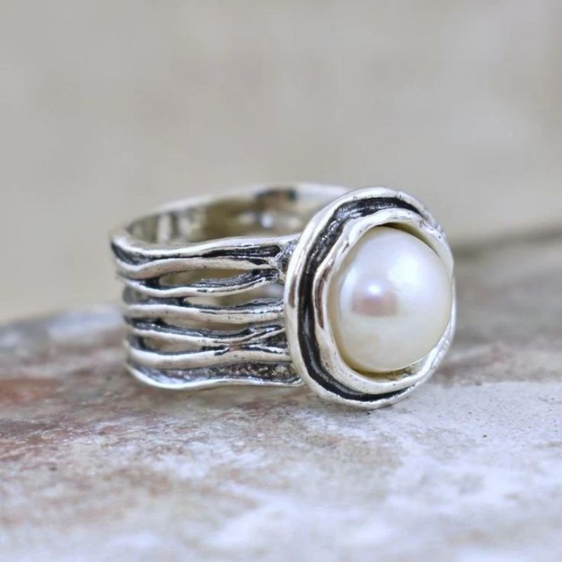 Bohemian Vintage Silver-Plated Faux Pearl Ring