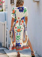 Abstract Print Maxi Dress with V-Neck and Short Sleeves