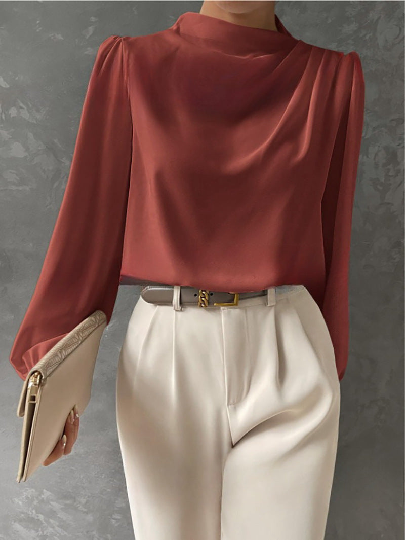 Silk-Polyester Blend Blouse with High Neck and Long Sleeves