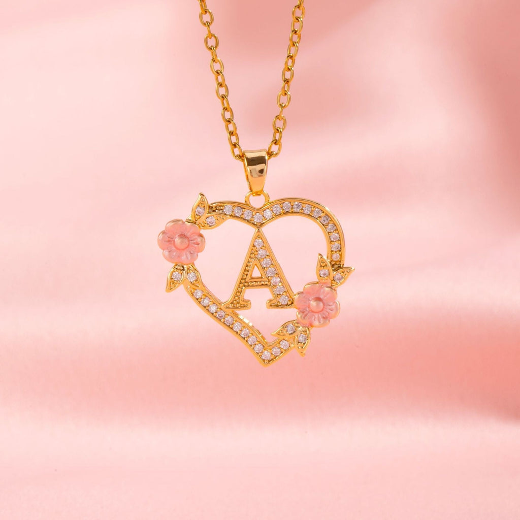 Floral Charm Initial Necklace in Gold Tone