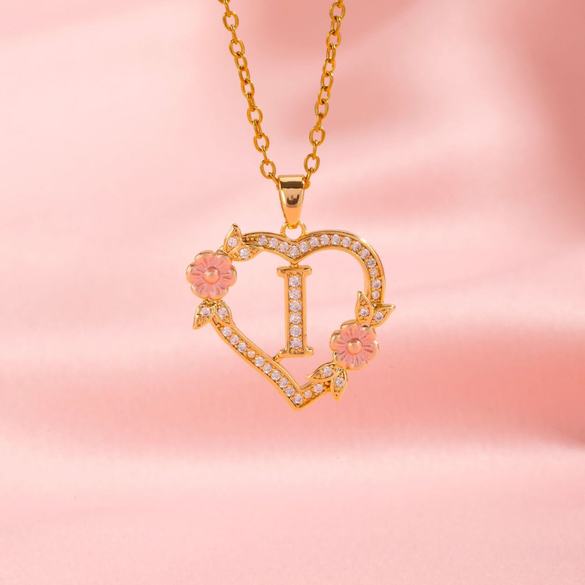 Floral Charm Initial Necklace in Gold Tone