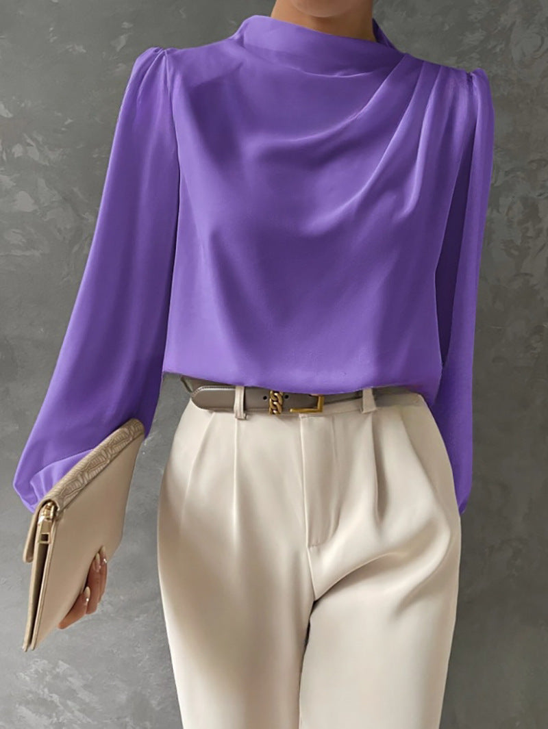 Silk-Polyester Blend Blouse with High Neck and Long Sleeves