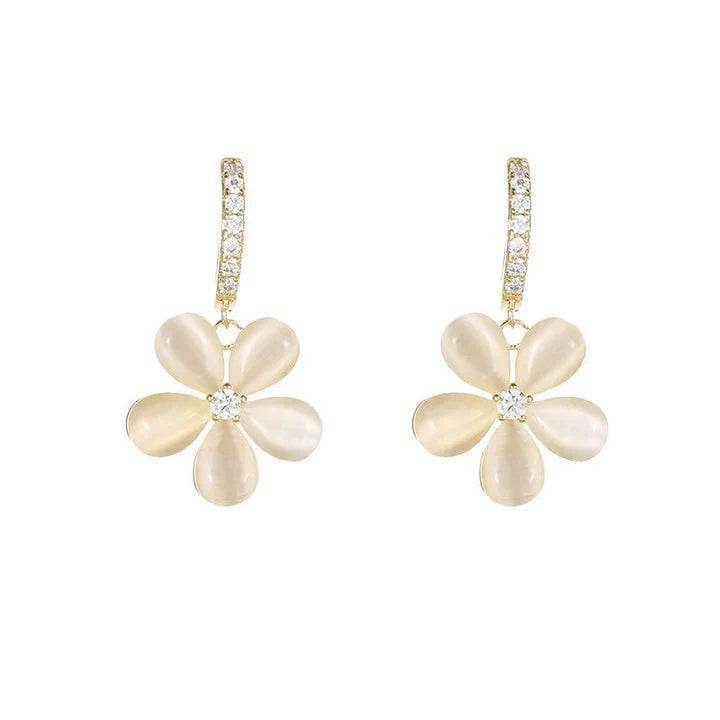 White Flower Drop Earrings in Gold Tone
