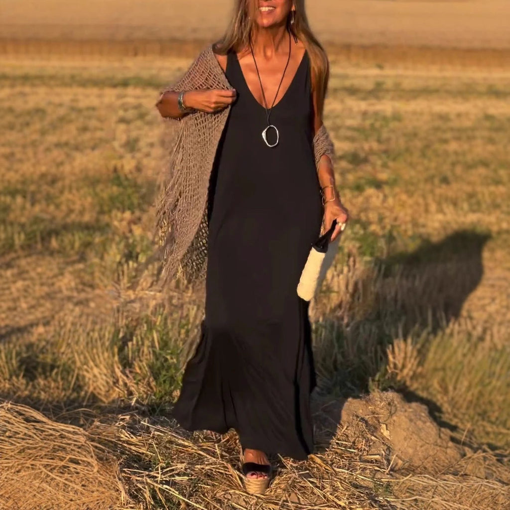 V-Neck Sleeveless Side Slit Flowing Maxi Dress