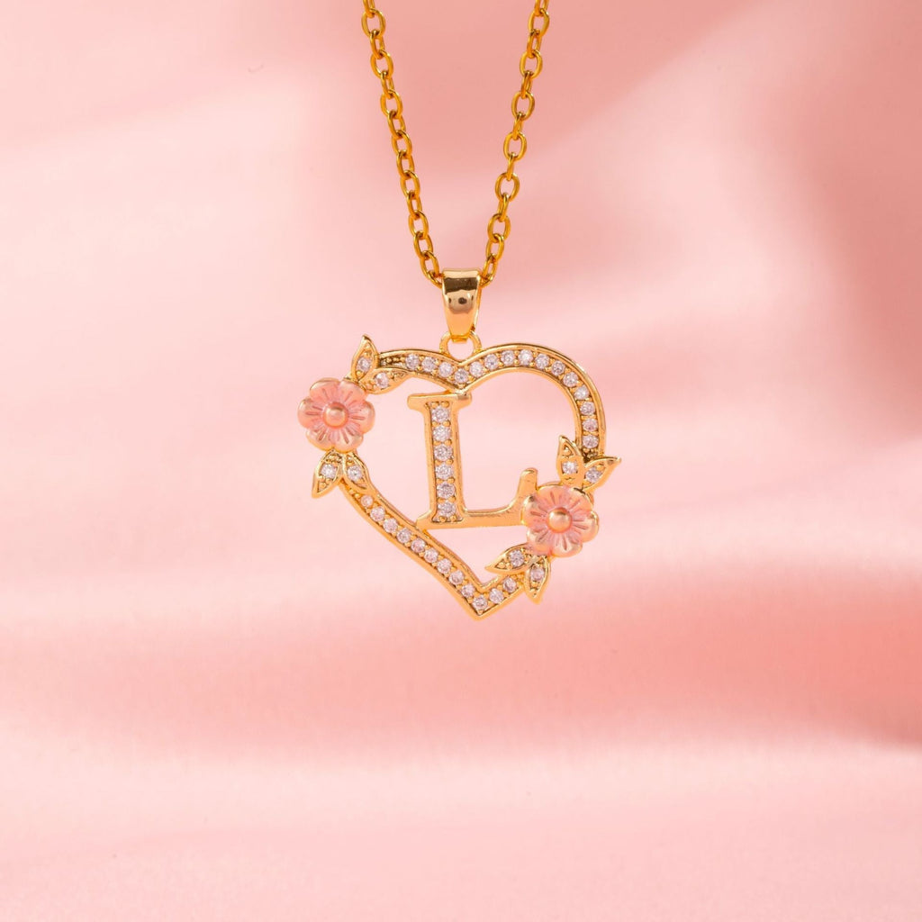 Floral Charm Initial Necklace in Gold Tone