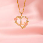 Floral Charm Initial Necklace in Gold Tone