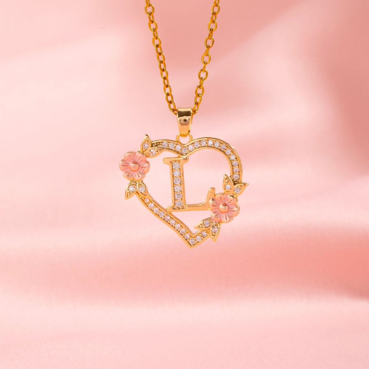 Floral Charm Initial Necklace in Gold Tone