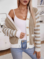 Striped Knit Cardigan with Button Front and Long Sleeves