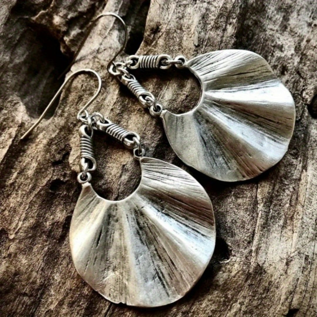 Bohemian Textured Silver-Tone Fan Drop Earrings