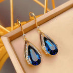 Blue Teardrop Stone Drop Earrings in Gold Tone