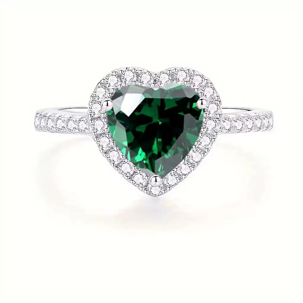 Adjustable Heart Halo Ring with Green Crystal Centre