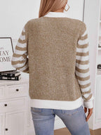 Striped Knit Cardigan with Button Front and Long Sleeves